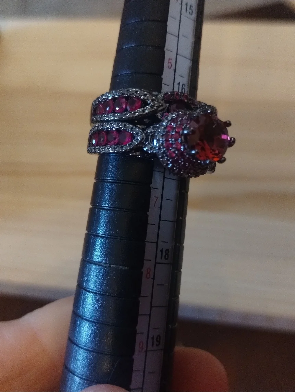 New Pink Gemstone Ring Set 2PC Black Tone  Stackable Statement Rings Size 6